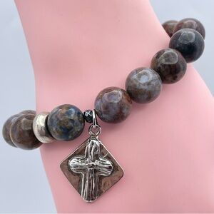 Natural Jasper Stone Beaded Bracelet w/ Silver Cross Charm – Size 6 - 6.5 aprox.